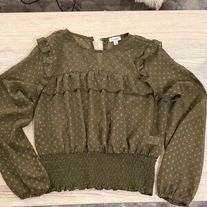 Love, Fire Juniors Sheer Olive Ruffle Blouse